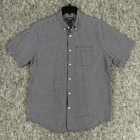Eddie Bauer Shirt Mens Large‎ Navy Check Short Sleeve Cotton Button-Up - Picture 1 of 10